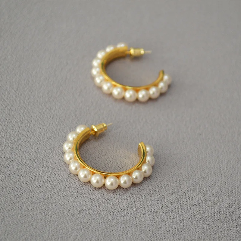 Women pearl earrings hoop artificial pearl with 925 silver pin elegant women jewelry