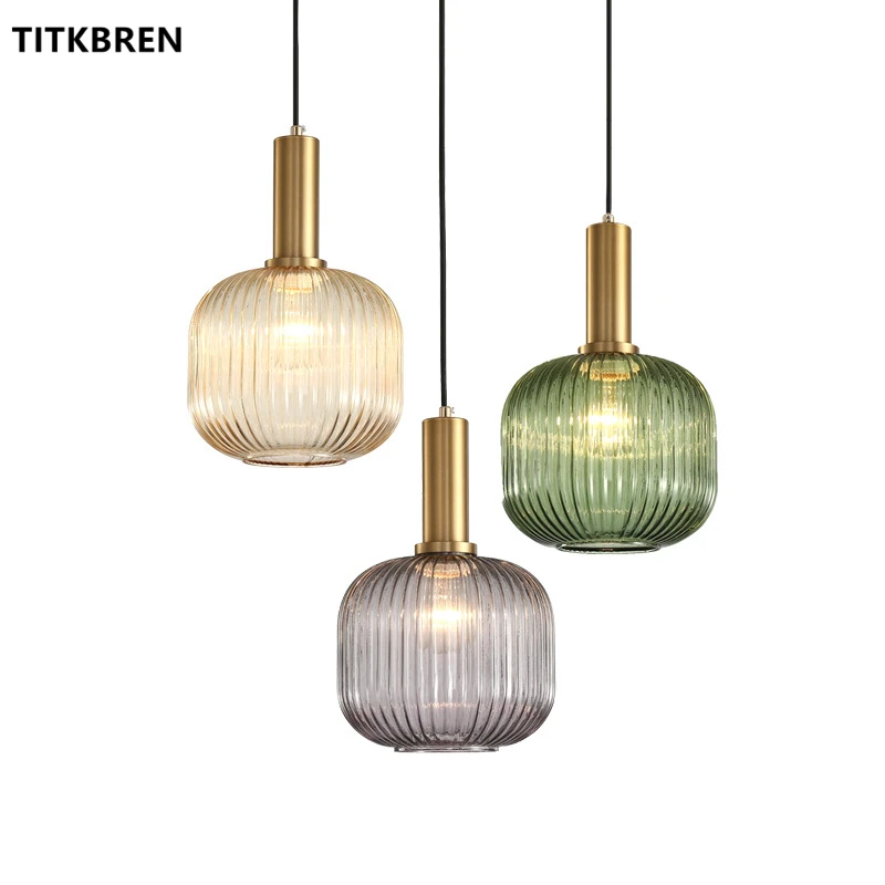 

Nordic Style Glass Pendant Light Stripe Lampshade Design Bedroom Bedside Hanging Lamp Electroplated Gold Droplight Fixtures