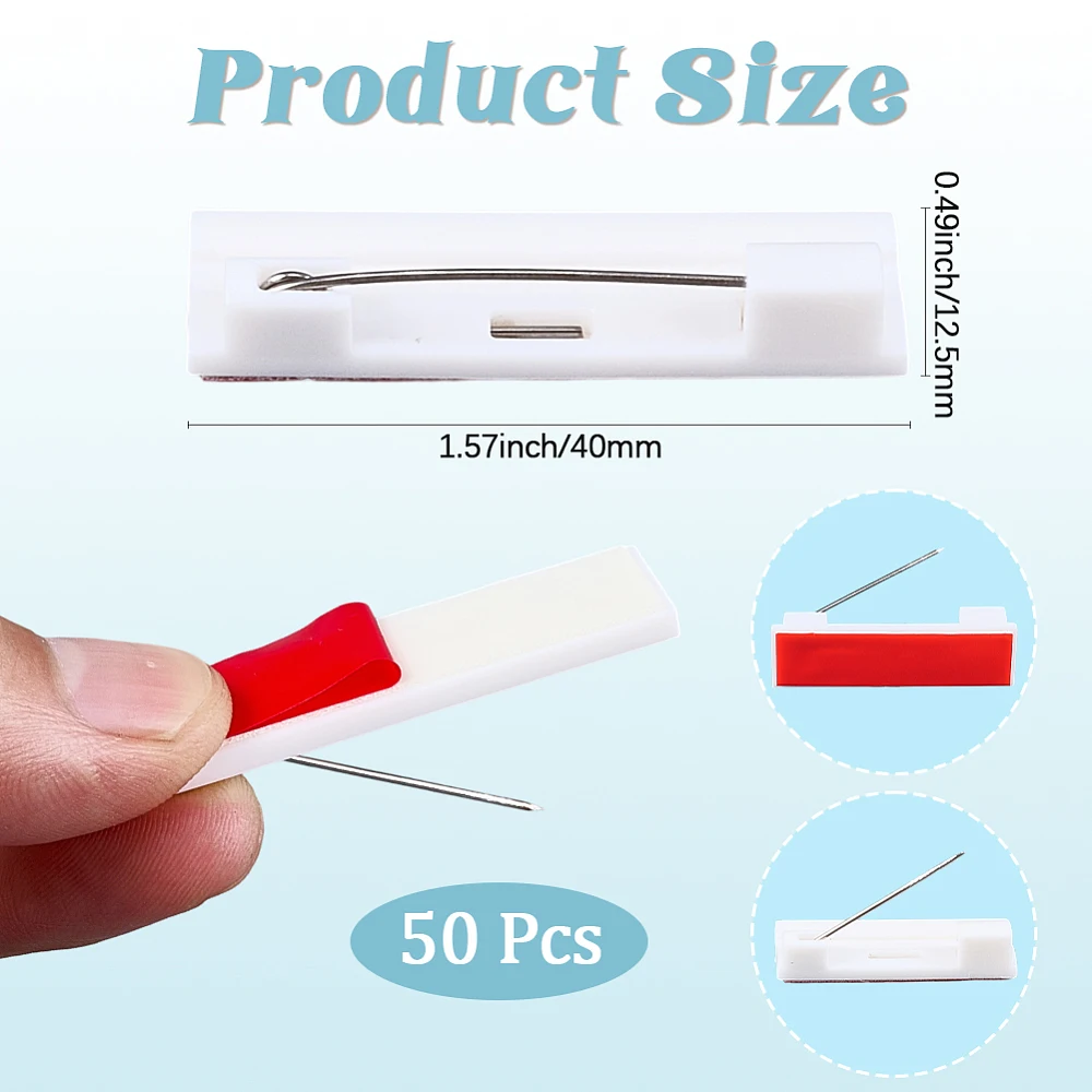 50Pcs Self Adhesive Bar Pins Badge Pin Back Plastic Safety Flat Backing White 0.49x1.57Inch Rectangle Iron Label Clasp Brooches