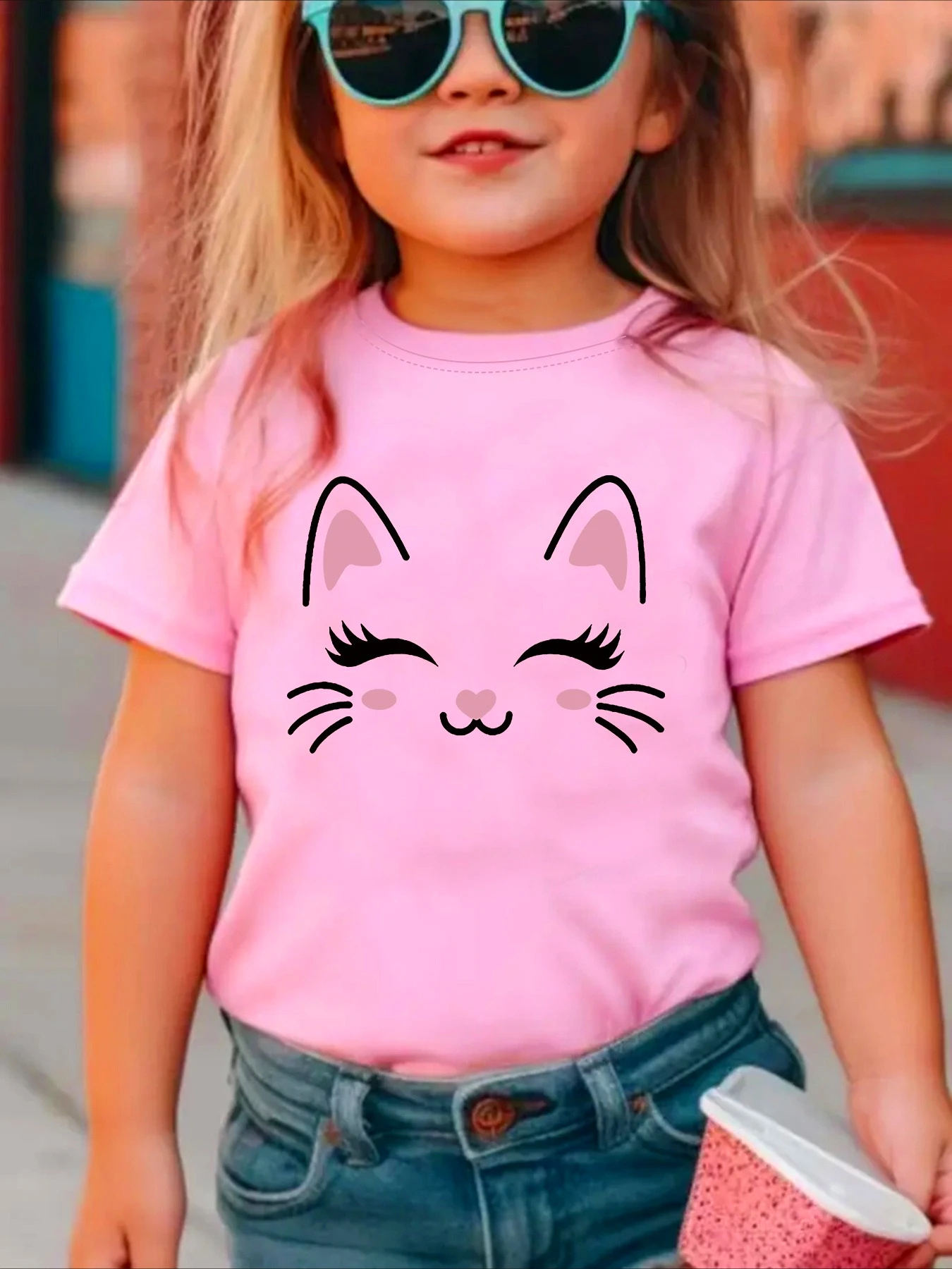 

Kids' Cute Cat Print Short Sleeve TShirt Crew Neck Top Casual Summer Fashion for Ages 1-8 Kids Top Fashionable Clothes