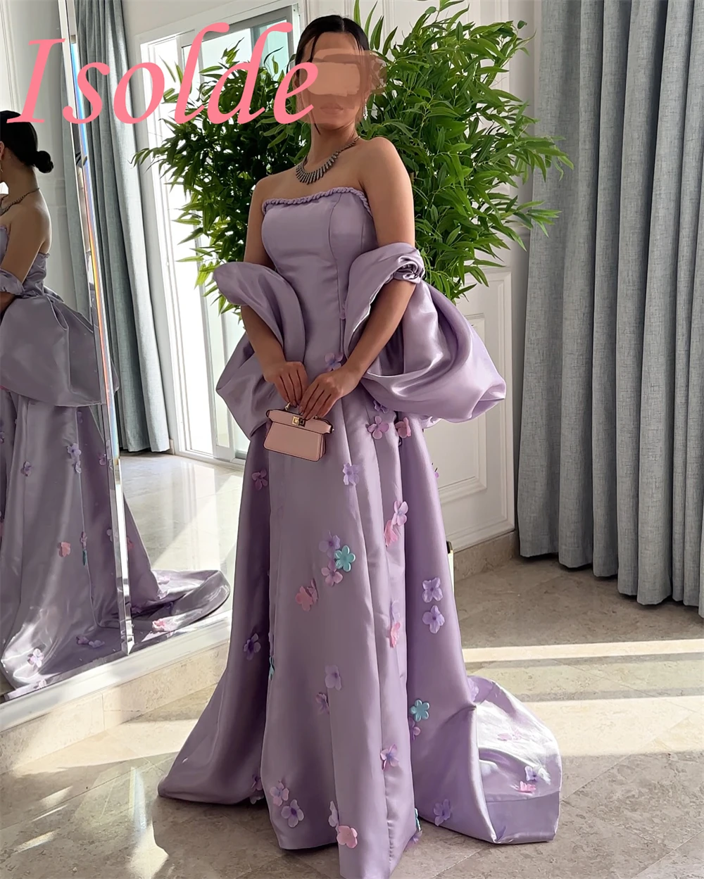 Customized Sparkly Purple Satin Evening Dresses Classic Strapless Celebrity Gowns Fashion Flowers Special Occasion Gowns