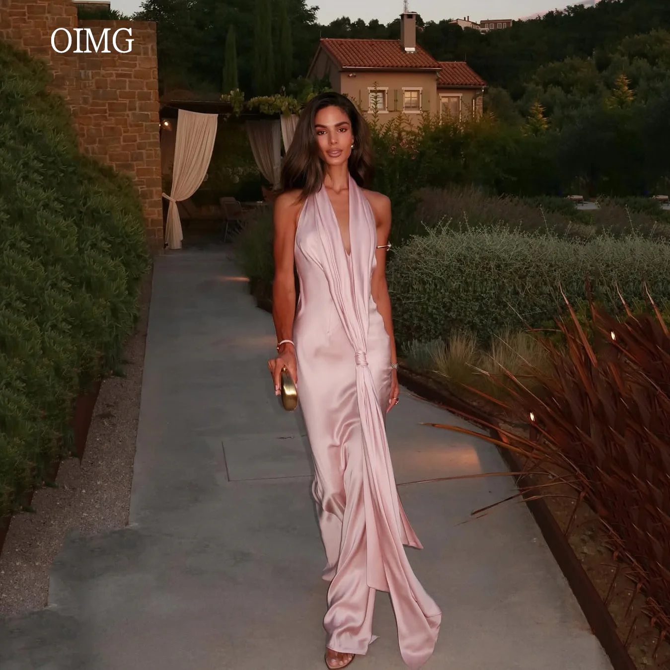 

OIMG Sexy Deep V Neck Pink Mermaid Prom Gowns Backless Party Gown Floor Length Evening Dress vestidos de festa Customized