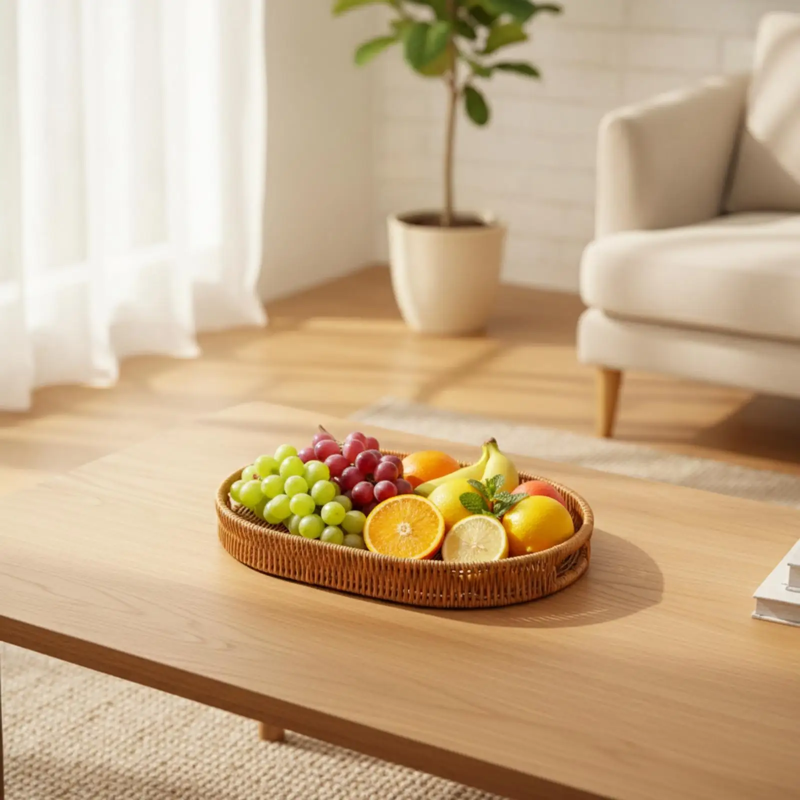Oval Woven Tray for Party Snacks Serving Platter with Cutout Handles