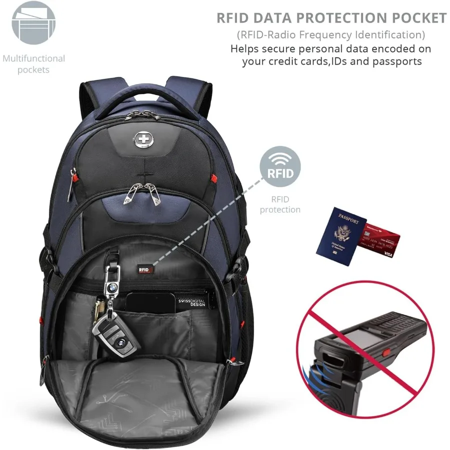 حقيبة ظهر للكمبيوتر المحمول بتصميم Swissdigital حقيبة ظهر للسفر مع منفذ شحن USB تناسب حقيبة الكتب المدرسية للكمبيوتر مقاس 15.6 بوصة 31 لترًا