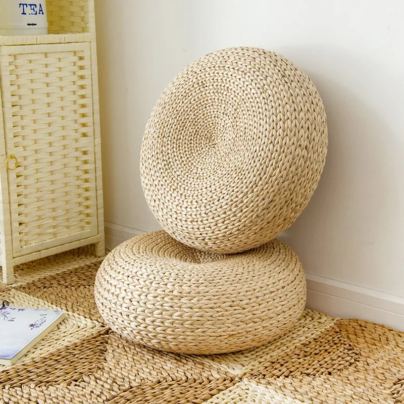 1 Pcs Natural Straw Round Pouf Tatami Cushion Floor Cushions Meditation Yoga Round Mat Chair Cushion Japanese-style Cushion WF