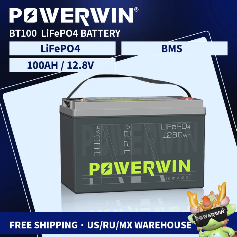 POWERWIN BT100 LiFePO4 Battery 12.8V 100Ah 1280Wh Built-in BMS Grade A Cell Solar Power 4000+Deep Cycle Rechargeable Inverter RV