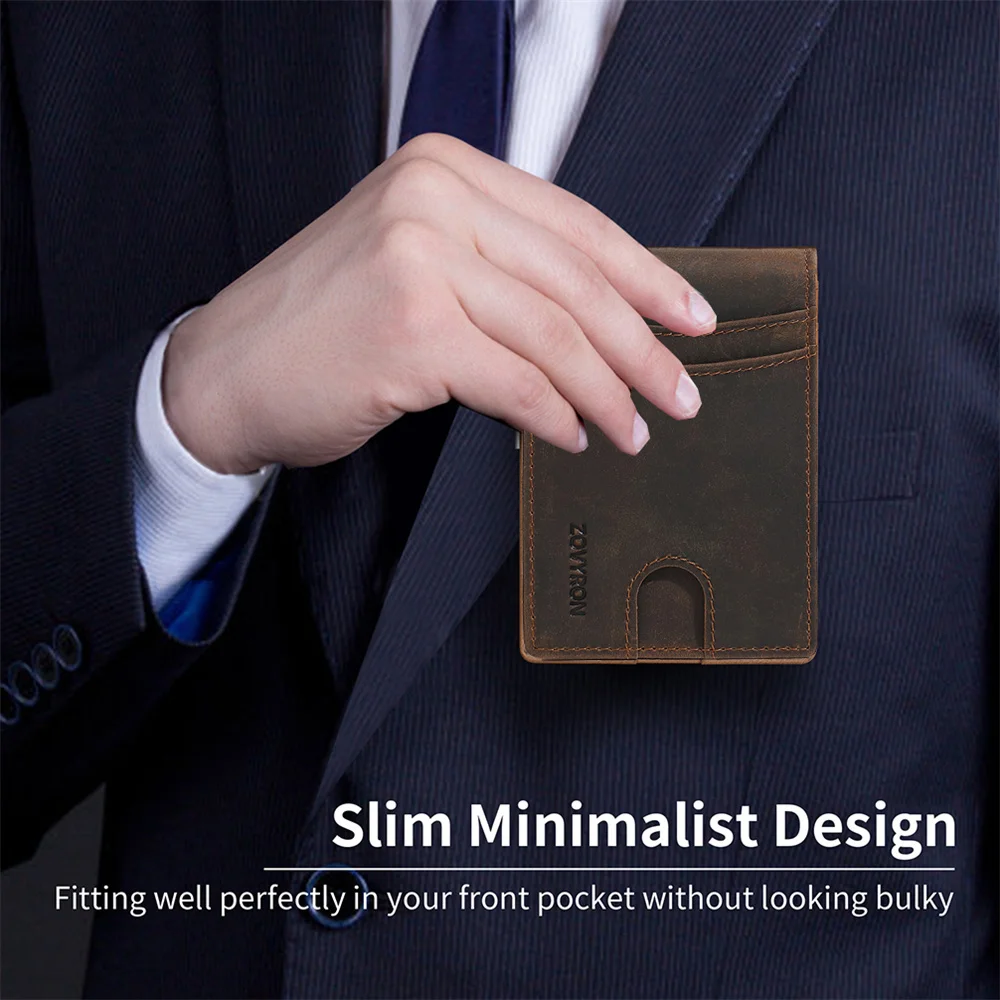 Slim Genuine Leather Money Clips Bag Purse Bifold Wallet RFID Front Pocket Minimalist Men Smart Wallet ID Credit Bank CardHolder