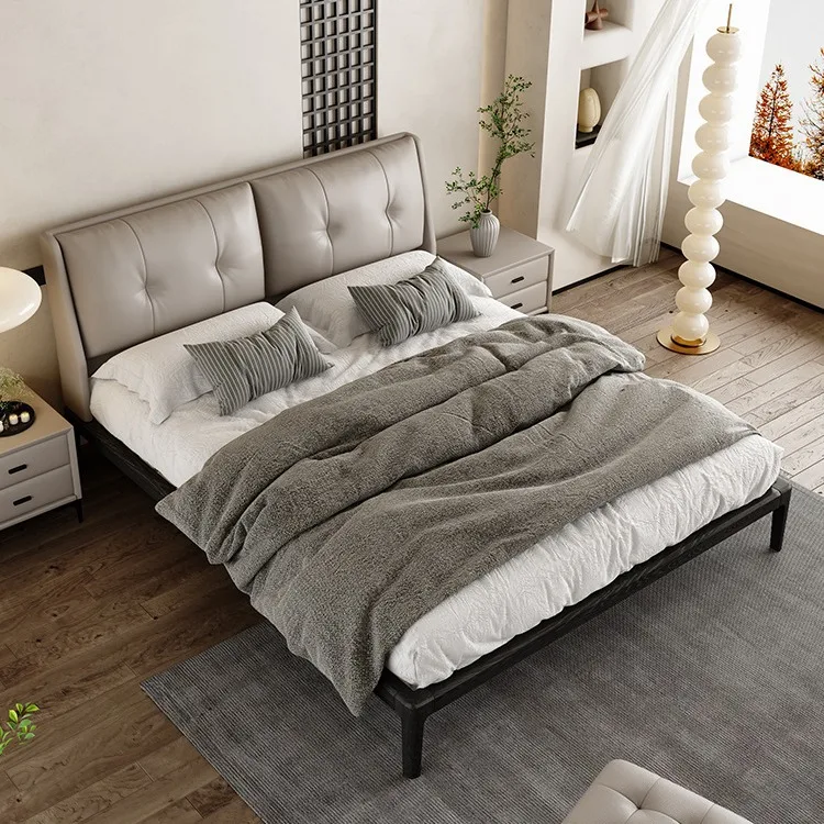 

Modern simple solid wood leather ash wood small apartment soft bag double wedding Italian minimalist Nordic flush