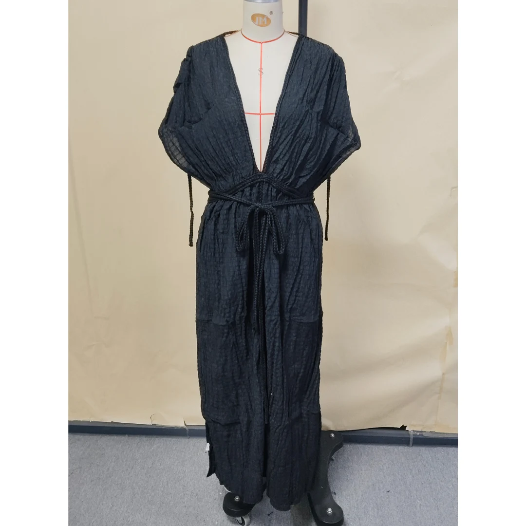 Tief ausgeschnittenes, kurzärmeliges, hochgeschlitztes, gehäkeltes Strick-Tunika-Strandkleid, Strandmode, Damen-Strand-Cover-up, V5646 – Detail 12