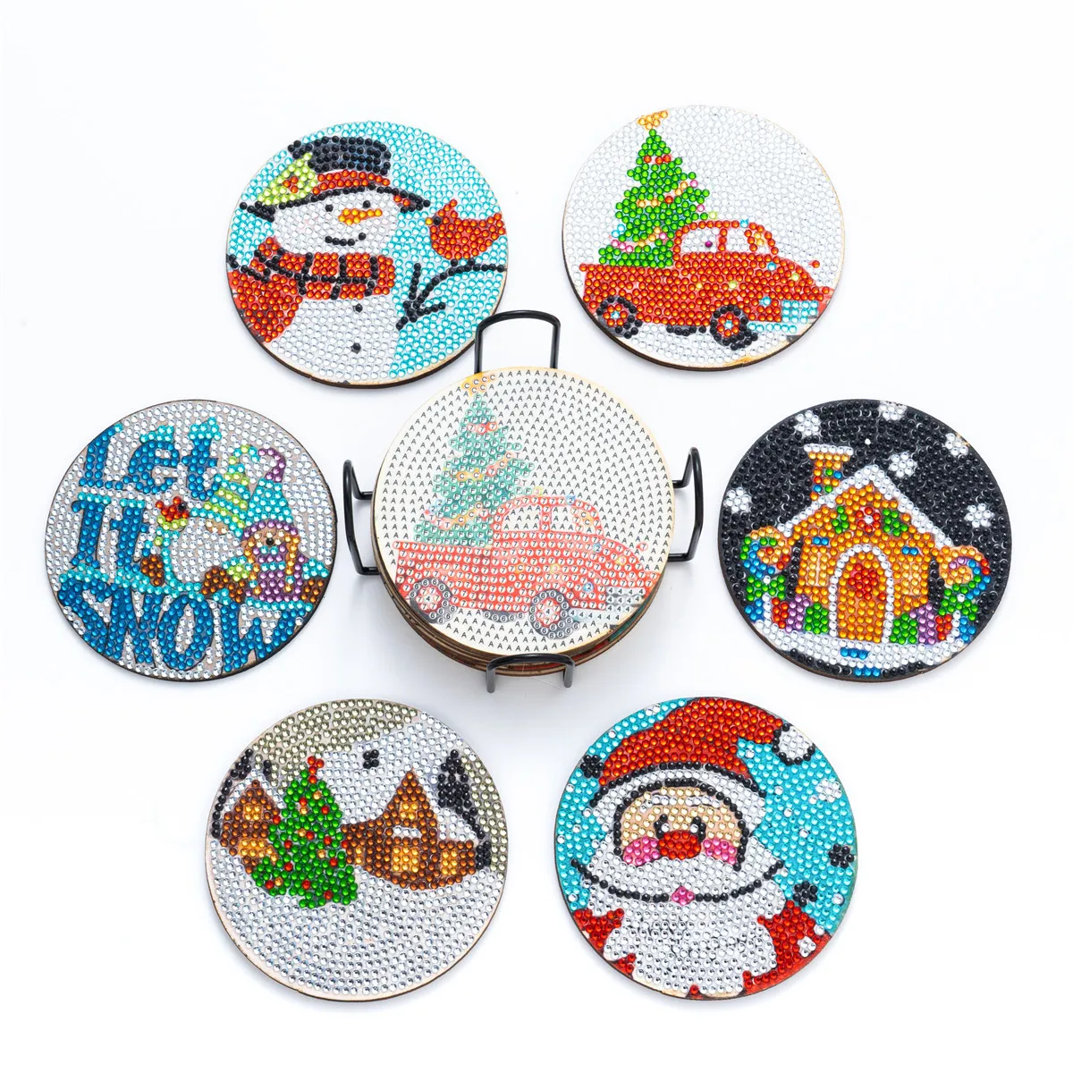 6 Pieces  Santa Clausf Handmade DIY Round Wooden Spot Drill, Heat Insulation, Non-slip Coaster With Bracket