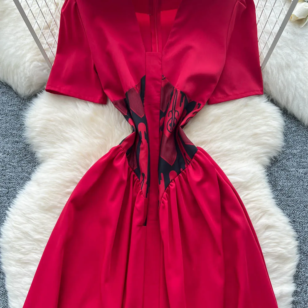 Chic vintage scollo a V stampa manica corta slim Elegante fata moda coreana Boho Sundress abbigliamento donna Abito lungo