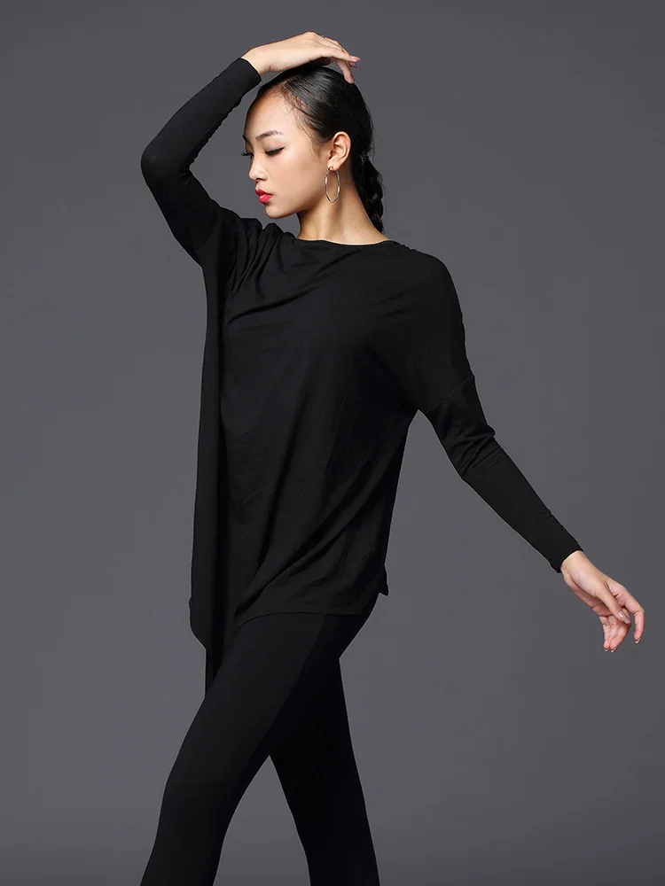 Topy do tańca latynoskiego dla kobiet luźna czarna koszula z długimi rękawami ubrania do ćwiczeń latynoskich Chacha Samba kostiumy do tańca latynoskiego