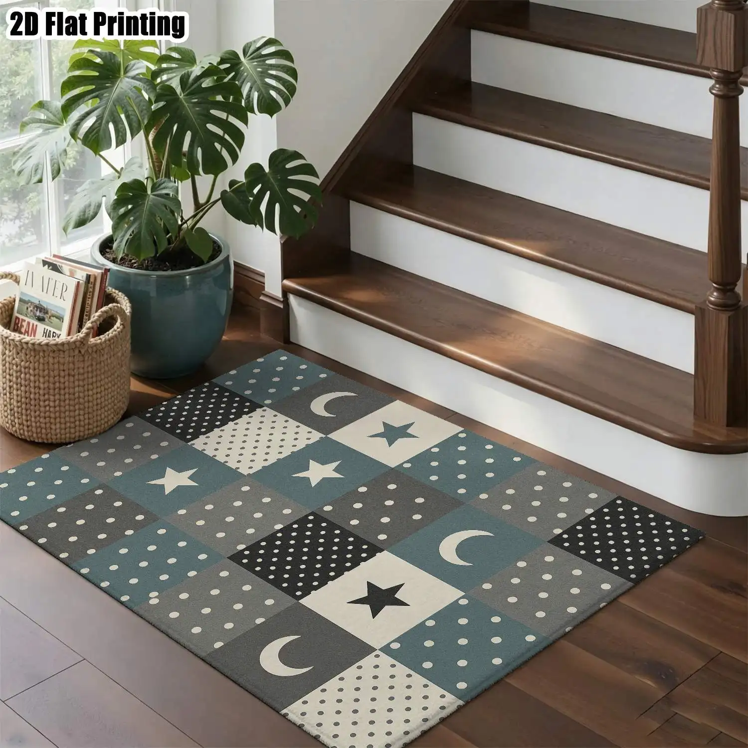 1Pc 2D Printed Carpet: Blue-Gray Star-Moon Polka Dot Pattern Nordic/Instagram/Modern Minimalist/European/Vintage Geometric Style, Multi-Size, Machine Washable, Ideal for Entryway, Dining Room, Foyer, Bedroom, Living Room as a Floor Mat/Home Decor.