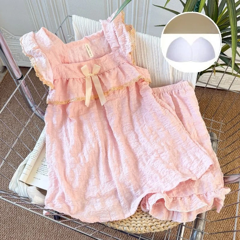 Plain Colour Camisole Women Lace Pajamas Ladies Comfortable Ribbons Bows Sling Summer Girl Square Collar Plaid Pajama 2pcs/set