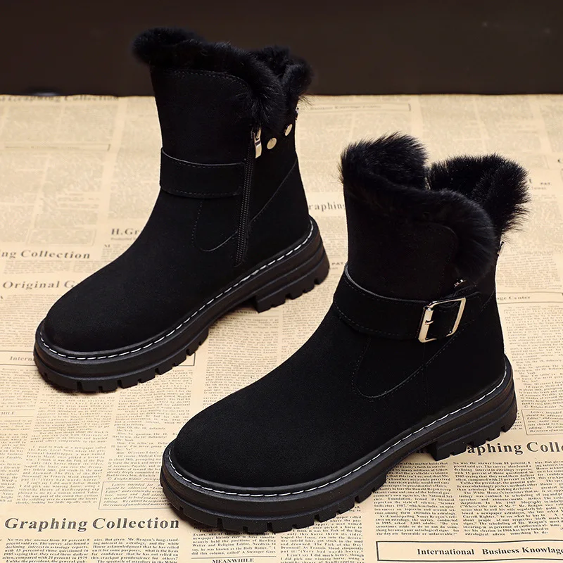 Zapatos botas de nieve con cremallera para mujer, botas de diseñador de lujo con punta redonda, calzado de invierno para mujer, moda Rock Lolita 2024, media pantorrilla Med Ru