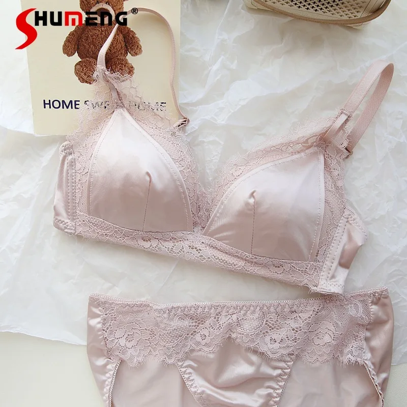 

Satin Sexy Lace Bra Set for Girls Wireless Small Chest Push Up Anti-Sagging Brief Suits Women's White French Sexy Underwear