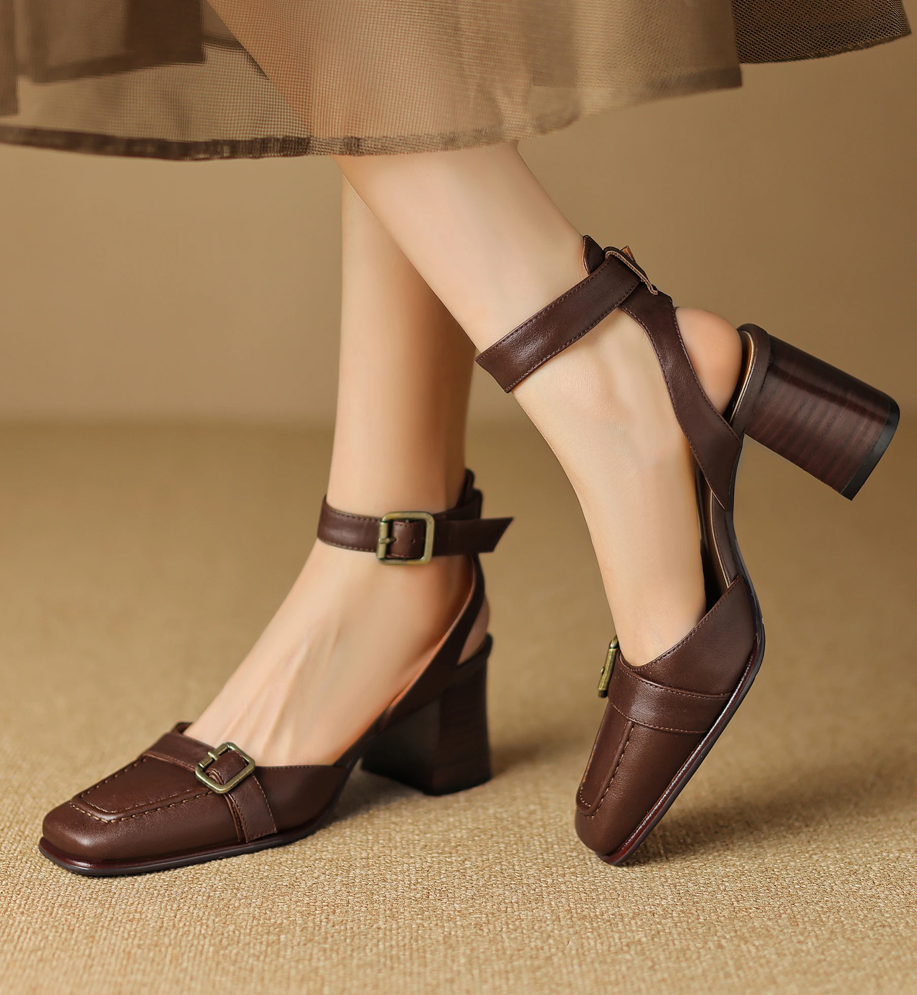 LIHUAMAO cow Leather wood grain block heel sandals chunky heel women shoes square heel sandals strap pumps platform sandals