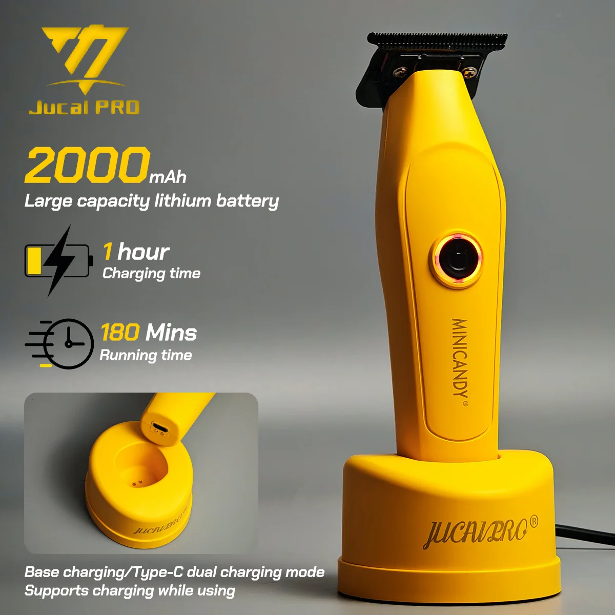 JUCAI JC-06/JC-08 مشابك شعر صفراء احترافية تتلاشى بليد 7200 دورة في الدقيقة محرك بدون فرشاة مع شاحن قاعدة آلة حلاقة 3200mhA