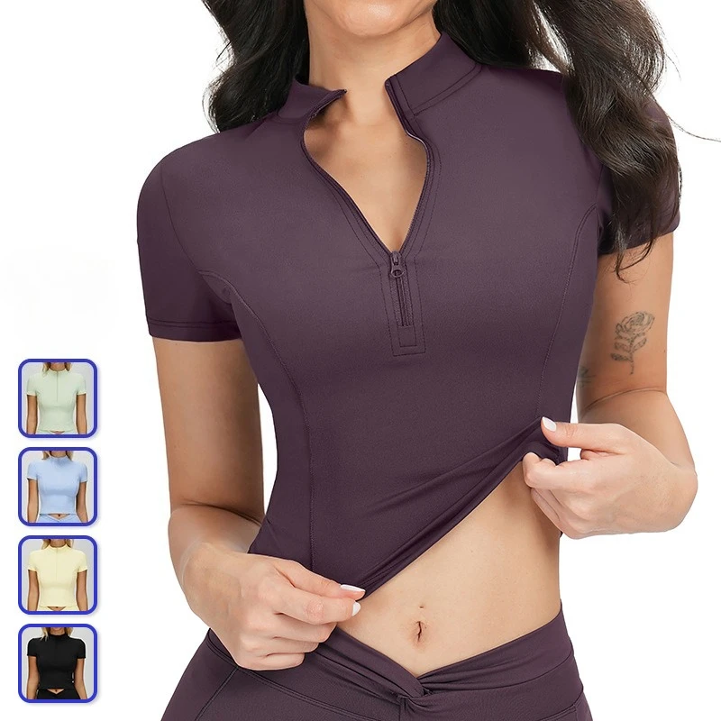 

yoga short-sleeved stand-up neck zip-up tight sports top outdoor running fitness cycling T-shirt workout top gym yoga top women