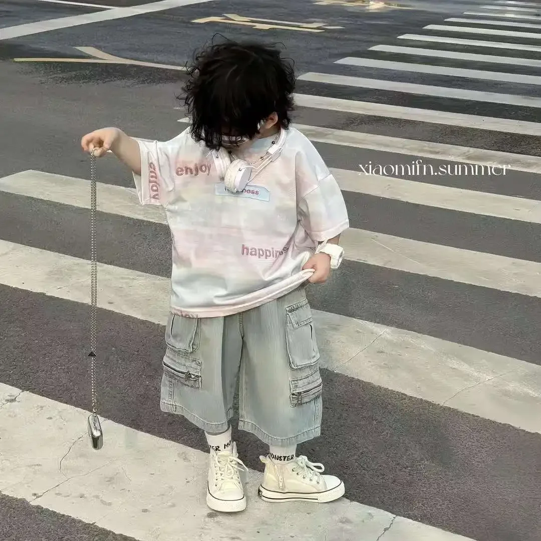 Boys' Set Summer New Korean Version Children's Letter Tie Dye T-shirt+denim Shorts Two-piece set