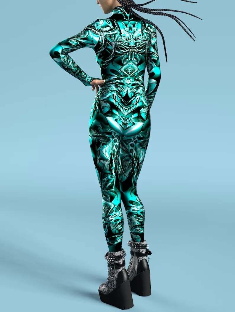 Mehrfarbiger Totenkopf-Print-Kostüm, Damen-Body mit Reißverschluss vorne, Halloween-Party, Karneval, Festival, Bühnenauftritt, Catsuit-Kostüm – Detail 16