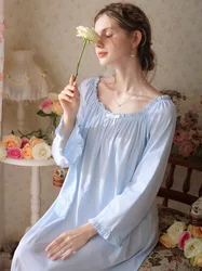 French Victorian Nightdress Spring Autumn Cotton Pajamas Nightgown Women Long Sleeves Loose Ruffles Princess Vintage Sleepwear