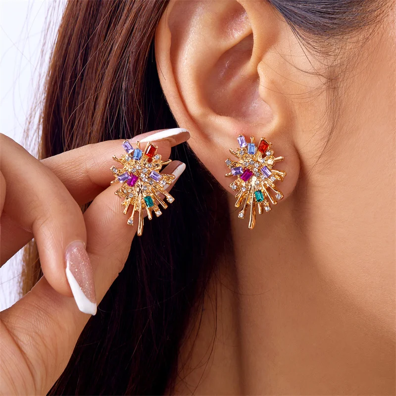 Sparking Snowflake Firework Stud Earrings For Women Rhinestone Exquisite Zircon Piercing Earring Party Charm Jewelry