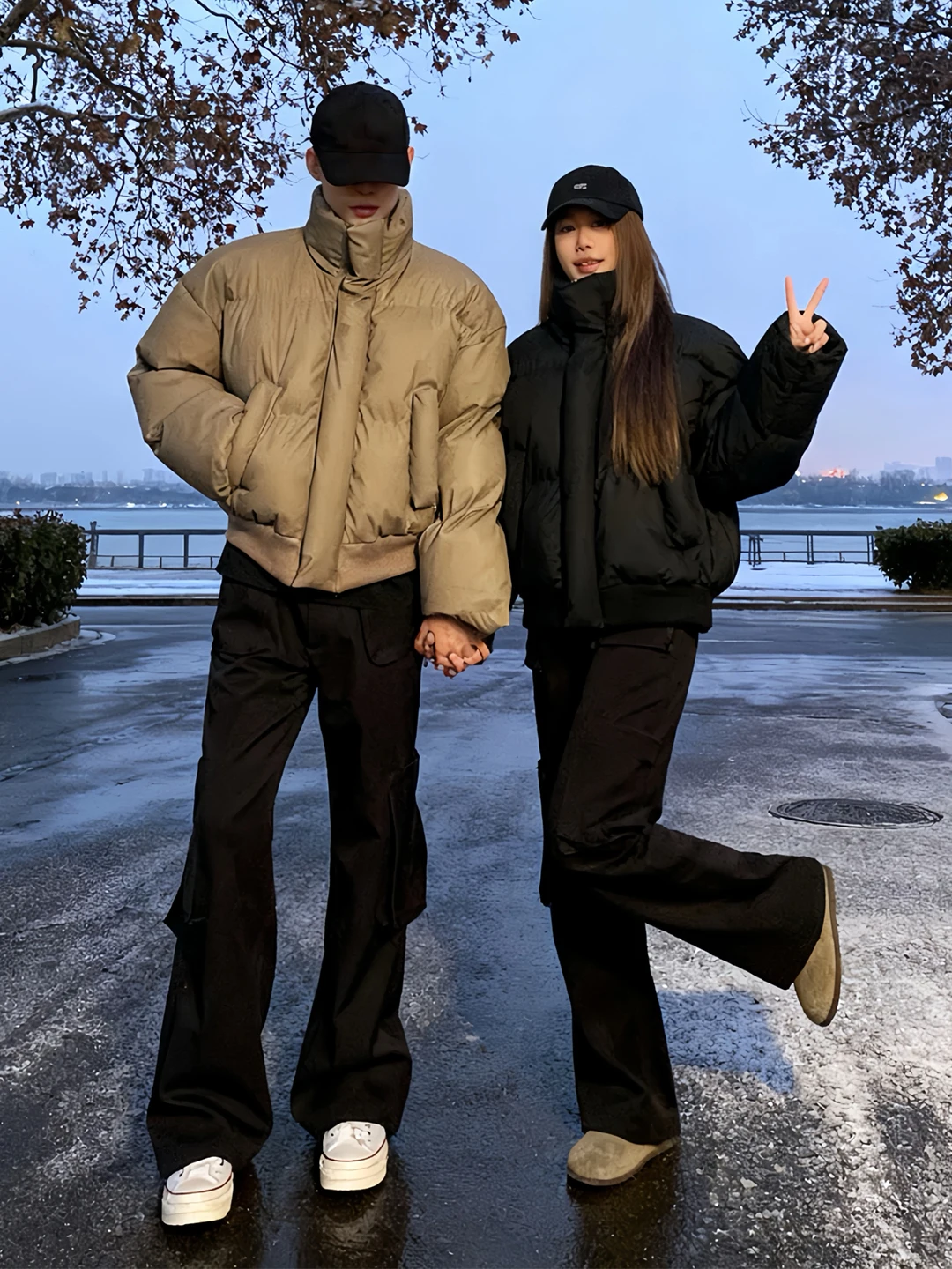 

Kaki Short Stand Collar Men's down Jacket Winter American PU Leather Cotton Coat Cleanfit Couples Cotton Outerwear