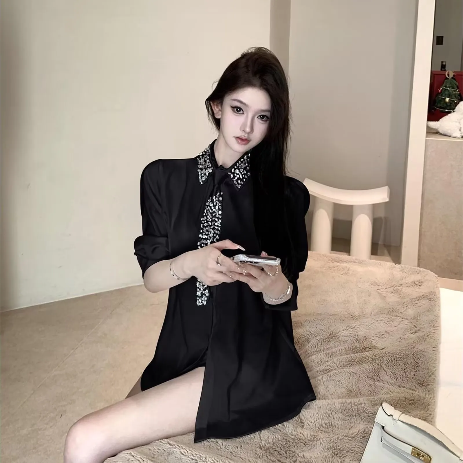 2025 Women's White Shirt New Spring Autumn Crystal Beading With Necktie Chiffon Shirt Female Blouses Ladies Tops Women Clothing