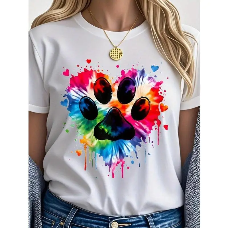 

Women's Tie-Dye Paw Print T-shirt Colorful Heart Graphic Tee Pet Lover Gift Casual Short Sleeve Top