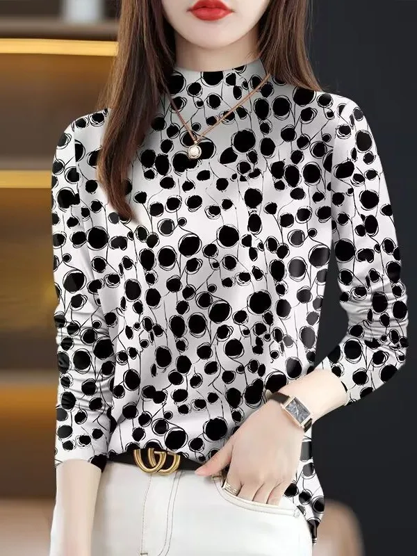 Fashionable Long Sleeve Printed T-Shirt Women's Casual Style High Neck Top Trendy Spring 2026 Garment from China for Ladies