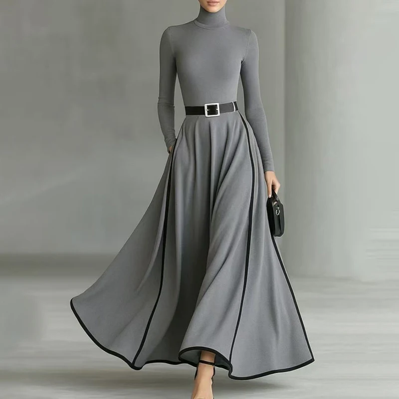 

Autumn Elegant Y2k High Neck Long Sleeve Waist Belt Long Dress Women's Party Dresses Flowy Formal Woman Clothing Chic Long Gown