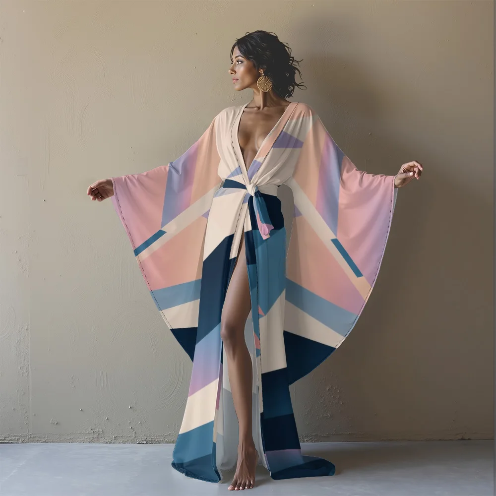 

Geometric Print Kimono Beach Cover Up Dress Elegant Long Robe for Holiday Wear Lightweight Sexy V-Neck Long Robe with Belt