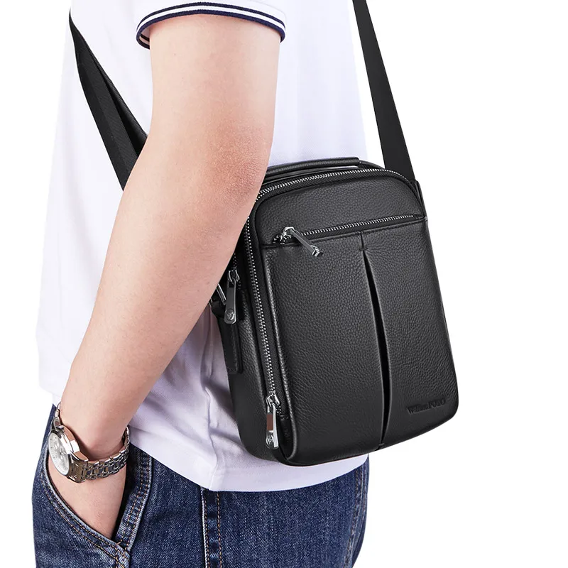 Men\'s Genuine Leather Black Shoulder Bag Soft Casual Outdoor Custom Business Work Retro Leather Messenger Bag