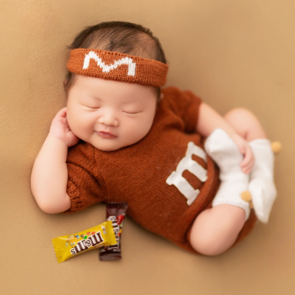 M Letter Baby Romper Headband Socks Knitted Newborn Photoshoot Outfit Short Sleeve Baby Photography Costume Newborn Accessories