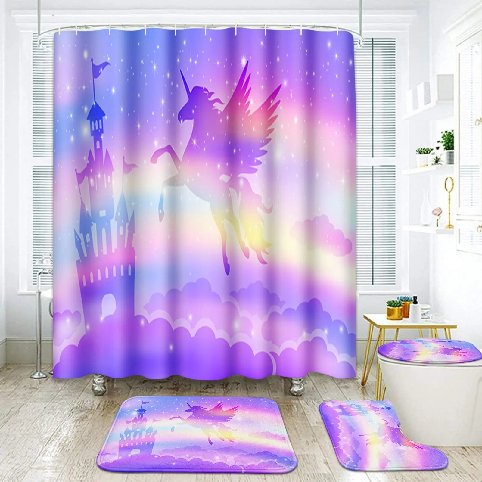 

Unicorn Rainbow Castle Bathroom Sets with Shower Curtain,Rugs＆ Accessories,Fantasy Pink Girls Princess Shower Curtain Sets 4 Pcs