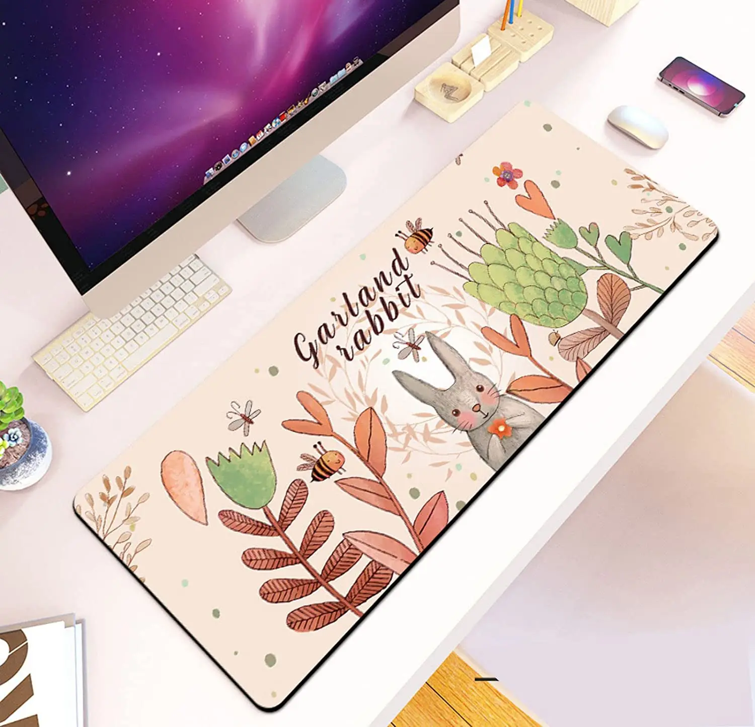 Desk Desk MatLarge Mouse Pad 35.4 x 15.7×0.12 in Extended Gaming Mouse Pad Mat with Non-Slip Base Stitched Eges Flower Rabbit