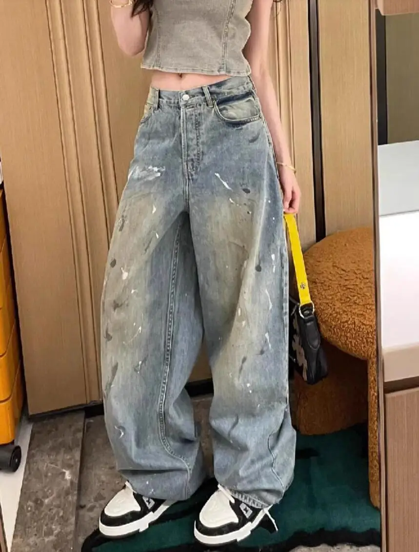 

Джинсы Y2K Splatter Paint, унисекс, уличные широкие брюки с граффити, потертые брюки в стиле ретро, грязевые брюки в пол