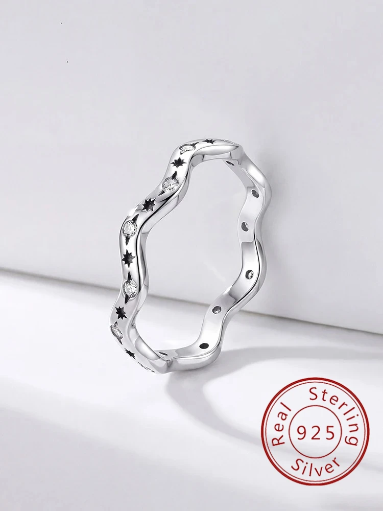 925 Sterling Silber glänzender, modischer, zarter Wellen-Stern-Zirkon-Ring für Frauen, Verlobung, Hochzeit, hochwertiger edler Schmuck