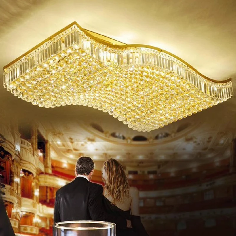 Oblong Golden Crystal Ceiling Lamp Modern Gold Wave Ceiling Chandeliers Lights Fixture American Luxury Hanging Lamp Hotel Lustre