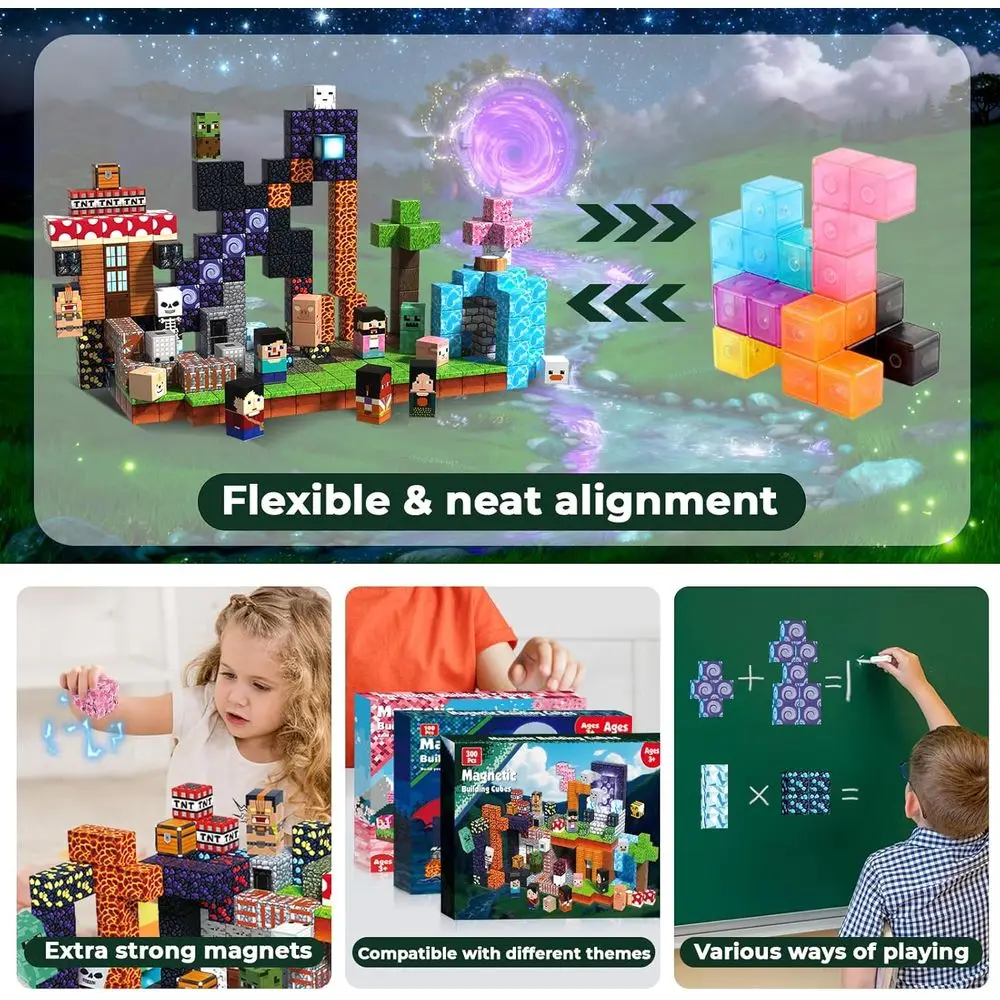 Conjunto de blocos de construção magnéticos - 300 peças, brinquedos STEM para crianças, presentes sensoriais Montessori para idades de 3 a 10 anos
