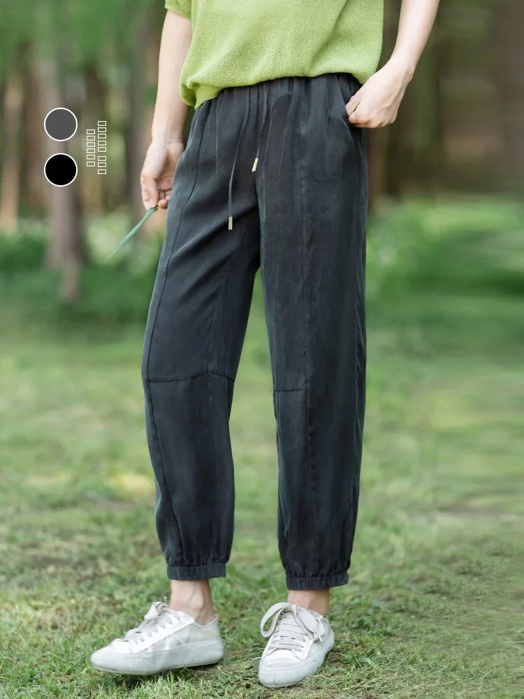 

Comfortable Copper Ammonia Silk Straight Leg Cuffed Pants Asymmetric Design ket Details l Waist Nine Points Length