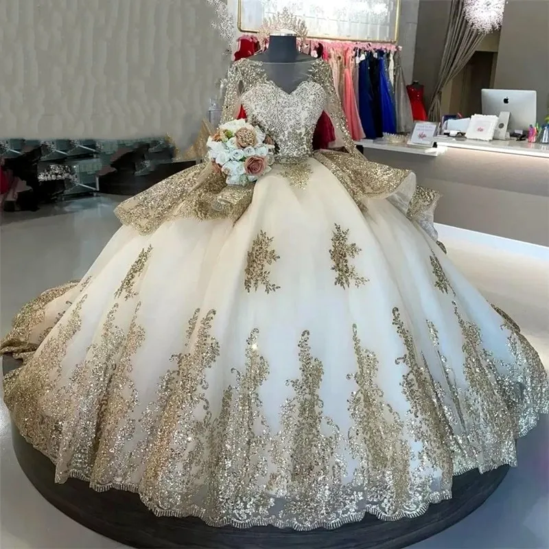 Vintage Champagner Brautkleider Ballkleid Gold Spitze Applikationen formale Prinzessin Vestidos de 15 Anos benutzer definierte Farbe Pluse Größe