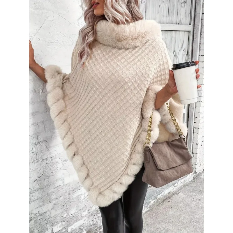 

perfect for fall and winter Elegant thick knit turtleneck with faux fur trim - Women's stylish solid color pullover cape,