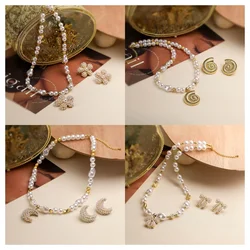 HECHENG,Fashion Delicate Petal Droplet Bow Earrings Necklace Retro Ocean Style Shell Conch Pearl Jewelry Set