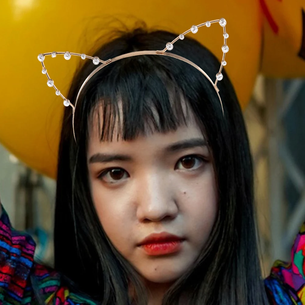 

2pcs Rhinestone Cat Ears Headband Lightweight Comfortable Halloween Cosplay Party Wedding Accessories Durability Shining Hair