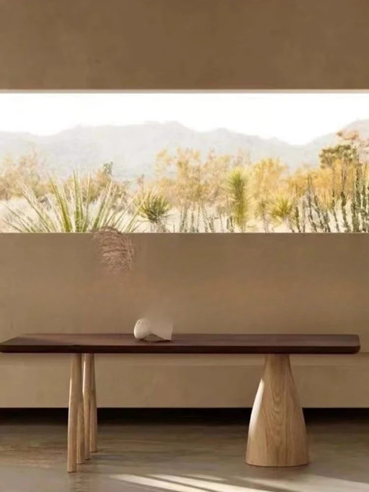 Walnut retro solid wood dining table French medieval rectangular conference table wabi sandy wind log negotiation table tea