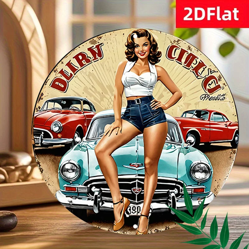 2D Flat-Round Sign Featuring a 2D Flat Retro Pinup Design,This Vintage Car Wall Art Serves As a Classic Decorative Plaque