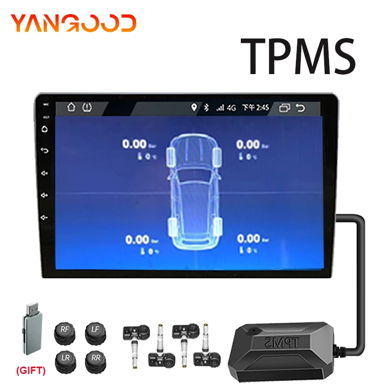

Система контроля давления в шинах TPMS с 4 внешними встроенными датчиками, цифровым USB-интерфейсом и предупреждением о температуре для автомобильных Android-плееров