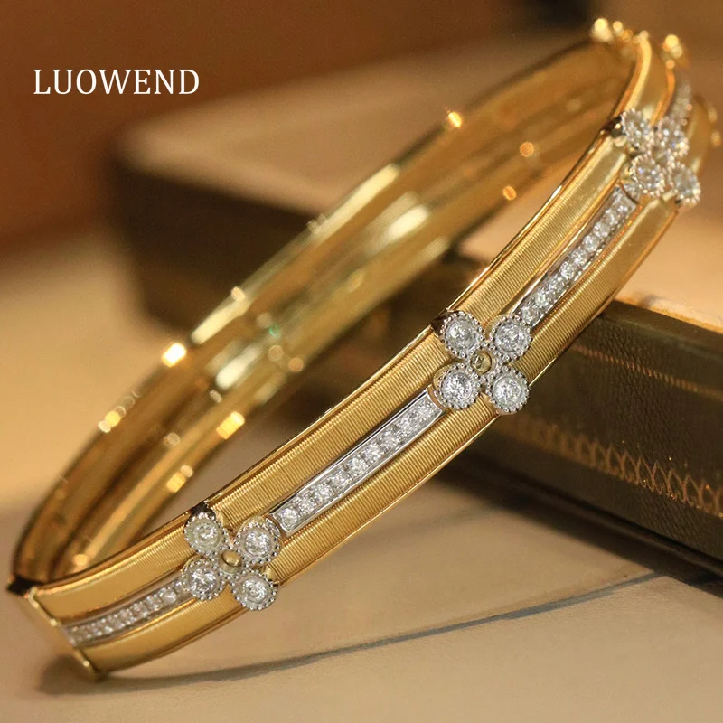 LUOWEND 100% 18K Yellow Gold Bangle Vintage Palace Design 0.63carat Real Natural Diamond Bangle for Women High Party Jewelry